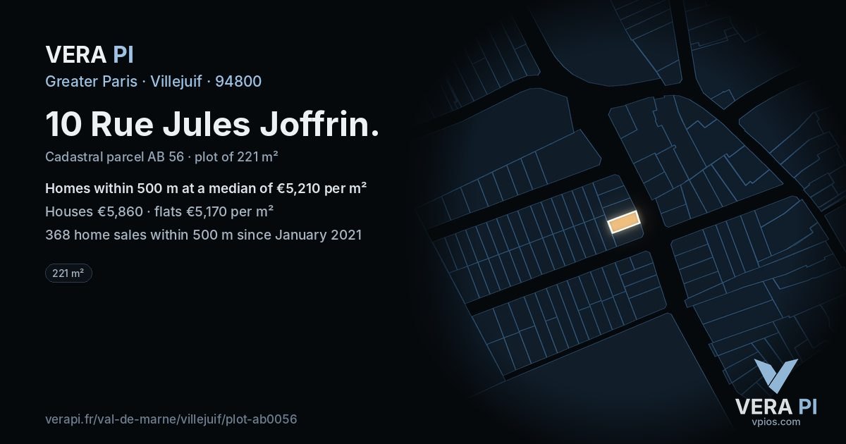 10 Rue Jules Joffrin, Villejuif at night – the plot lit, the parcels around coloured by the prices near them