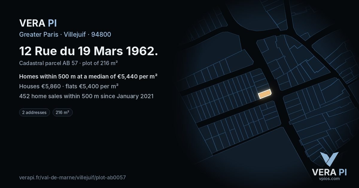 12 Rue du 19 Mars 1962, Villejuif at night – the plot lit, the parcels around coloured by the prices near them
