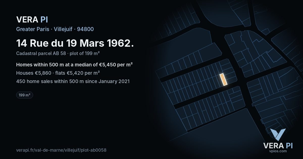 14 Rue du 19 Mars 1962, Villejuif at night – the plot lit, the parcels around coloured by the prices near them
