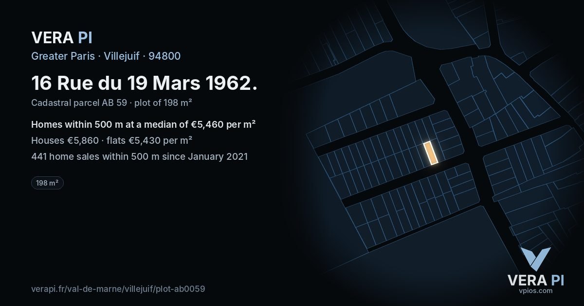 16 Rue du 19 Mars 1962, Villejuif at night – the plot lit, the parcels around coloured by the prices near them