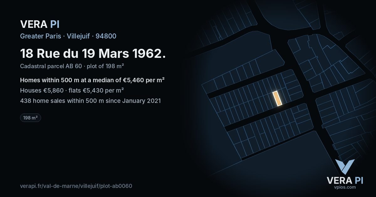 18 Rue du 19 Mars 1962, Villejuif at night – the plot lit, the parcels around coloured by the prices near them