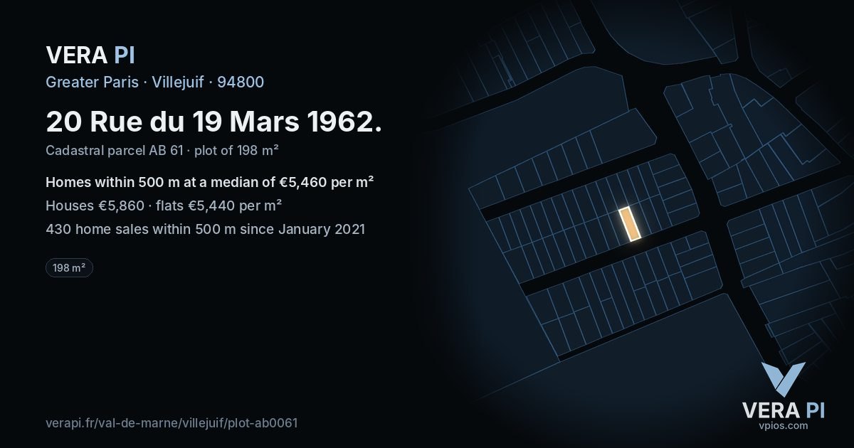 20 Rue du 19 Mars 1962, Villejuif at night – the plot lit, the parcels around coloured by the prices near them