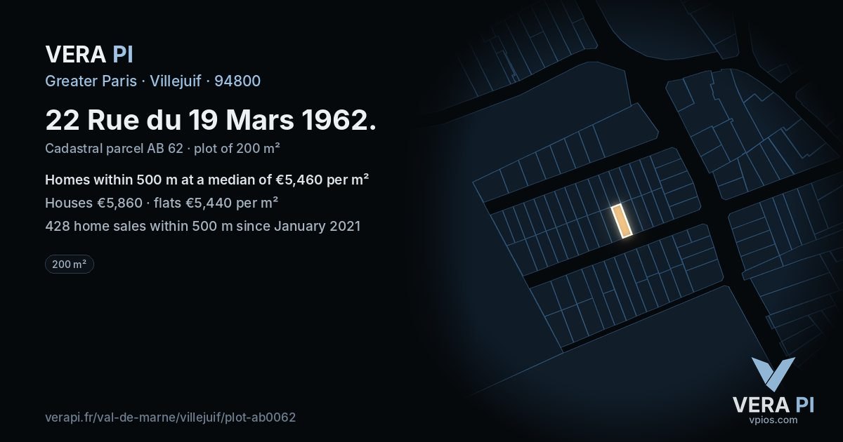 22 Rue du 19 Mars 1962, Villejuif at night – the plot lit, the parcels around coloured by the prices near them