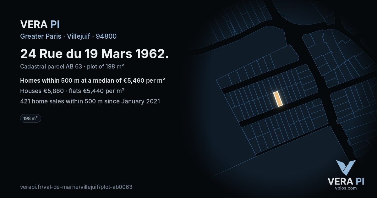 24 Rue du 19 Mars 1962, Villejuif at night – the plot lit, the parcels around coloured by the prices near them