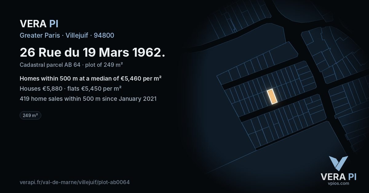 26 Rue du 19 Mars 1962, Villejuif at night – the plot lit, the parcels around coloured by the prices near them