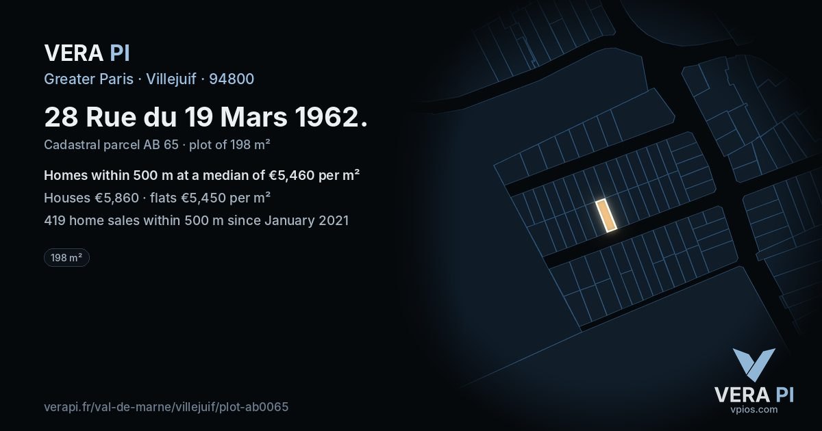 28 Rue du 19 Mars 1962, Villejuif at night – the plot lit, the parcels around coloured by the prices near them