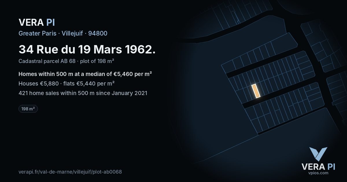 34 Rue du 19 Mars 1962, Villejuif at night – the plot lit, the parcels around coloured by the prices near them