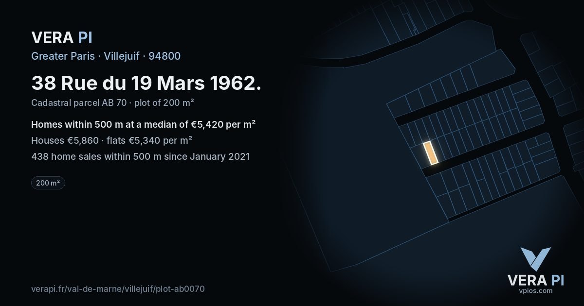 38 Rue du 19 Mars 1962, Villejuif at night – the plot lit, the parcels around coloured by the prices near them