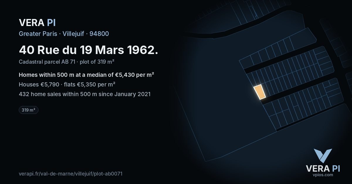 40 Rue du 19 Mars 1962, Villejuif at night – the plot lit, the parcels around coloured by the prices near them