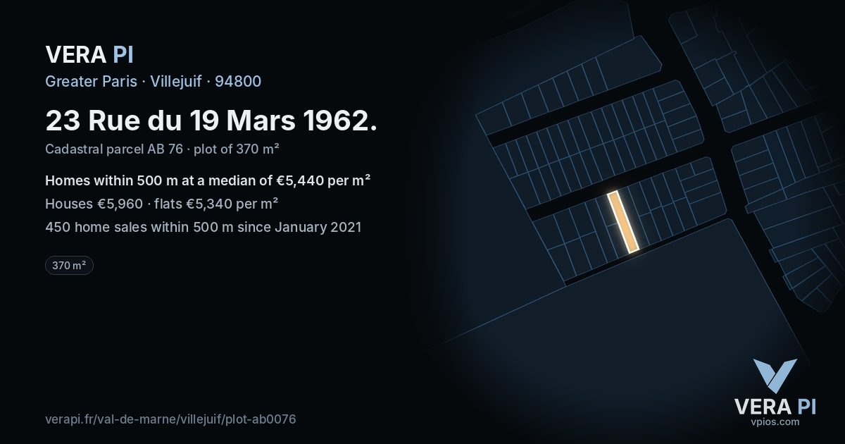 23 Rue du 19 Mars 1962, Villejuif at night – the plot lit, the parcels around coloured by the prices near them