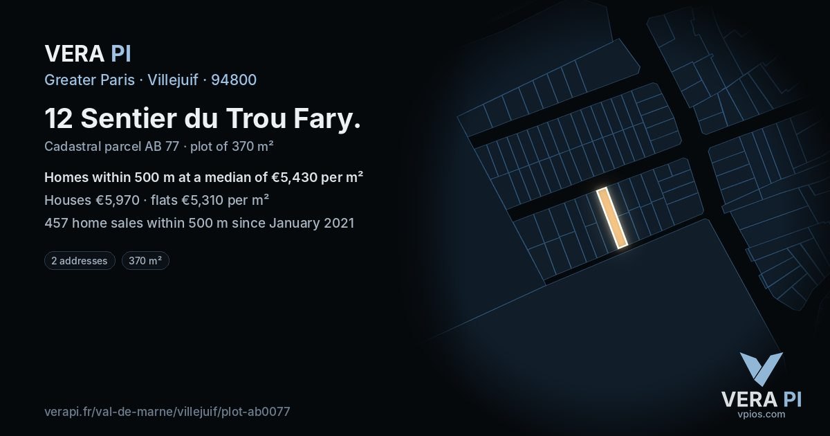 12 Sentier du Trou Fary, Villejuif at night – the plot lit, the parcels around coloured by the prices near them