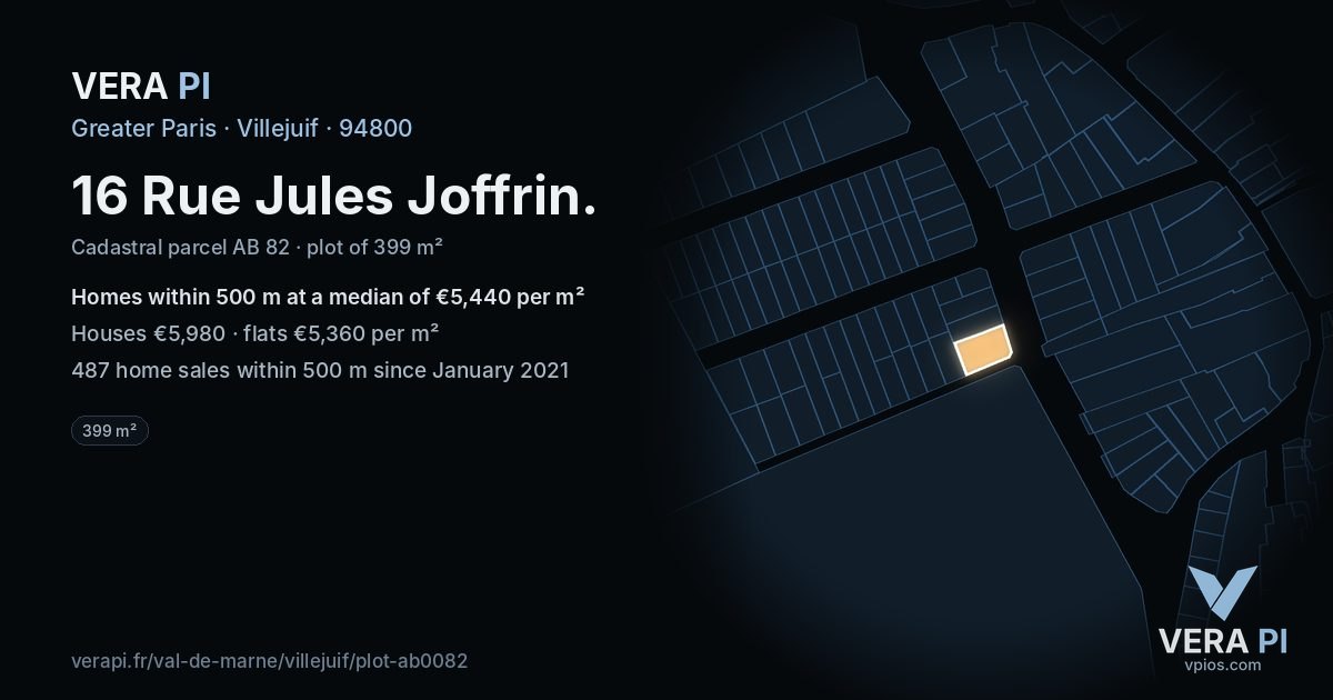 16 Rue Jules Joffrin, Villejuif at night – the plot lit, the parcels around coloured by the prices near them