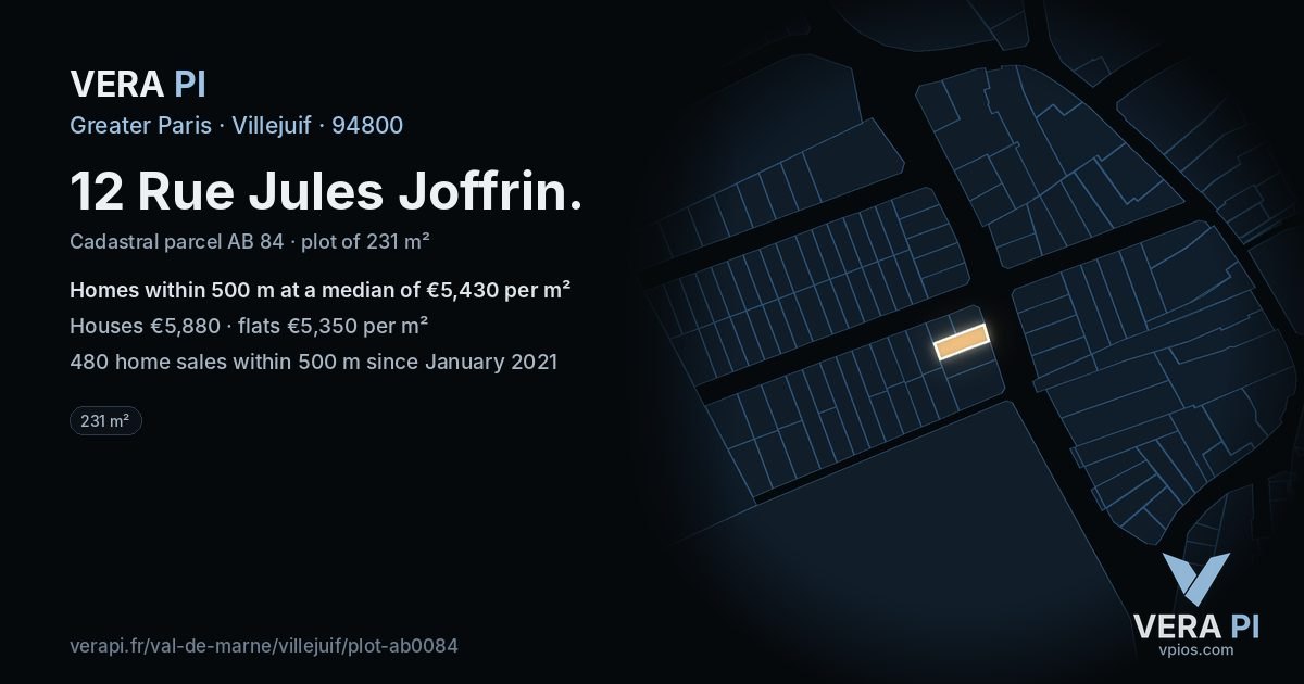 12 Rue Jules Joffrin, Villejuif at night – the plot lit, the parcels around coloured by the prices near them