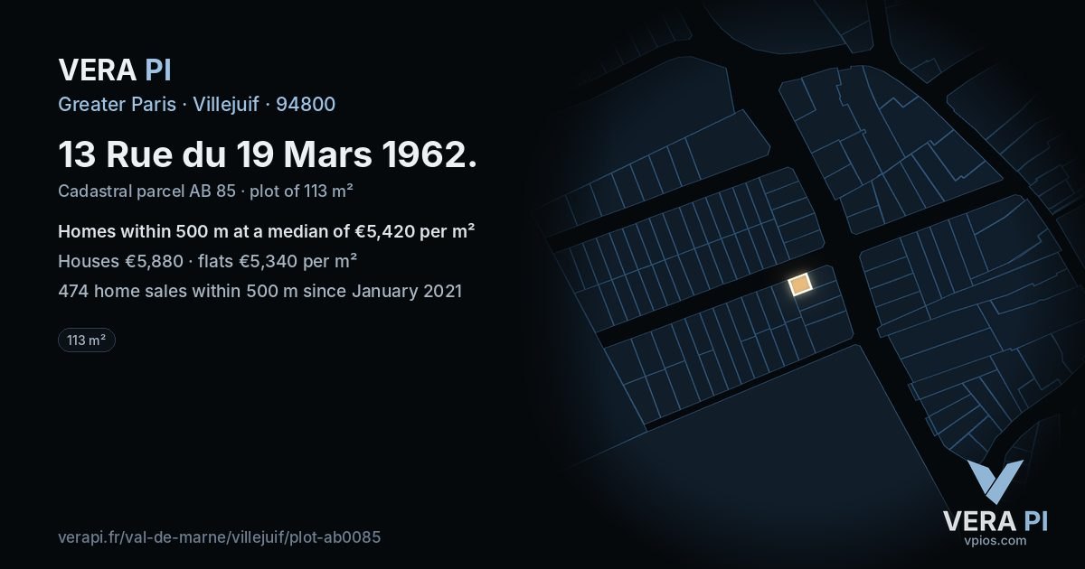 13 Rue du 19 Mars 1962, Villejuif at night – the plot lit, the parcels around coloured by the prices near them