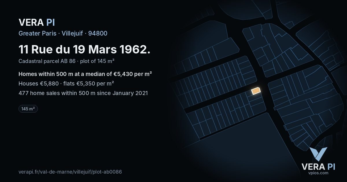 11 Rue du 19 Mars 1962, Villejuif at night – the plot lit, the parcels around coloured by the prices near them