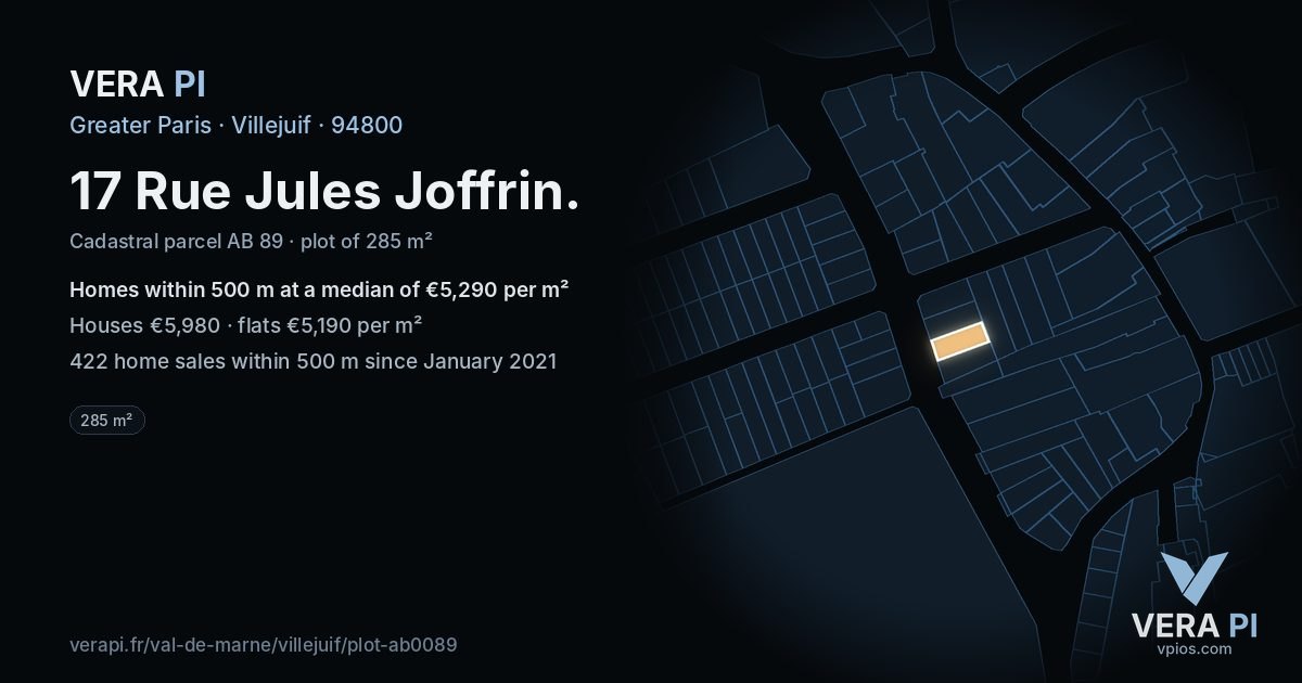 17 Rue Jules Joffrin, Villejuif at night – the plot lit, the parcels around coloured by the prices near them