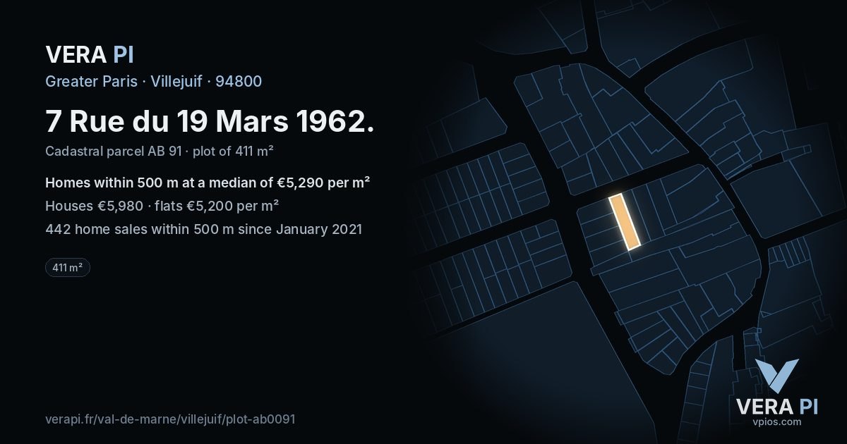 7 Rue du 19 Mars 1962, Villejuif at night – the plot lit, the parcels around coloured by the prices near them