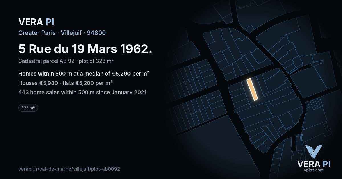 5 Rue du 19 Mars 1962, Villejuif at night – the plot lit, the parcels around coloured by the prices near them
