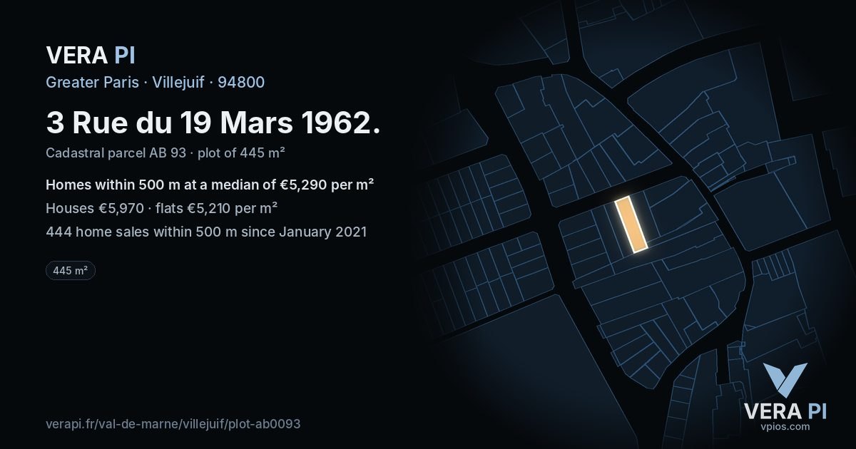 3 Rue du 19 Mars 1962, Villejuif at night – the plot lit, the parcels around coloured by the prices near them