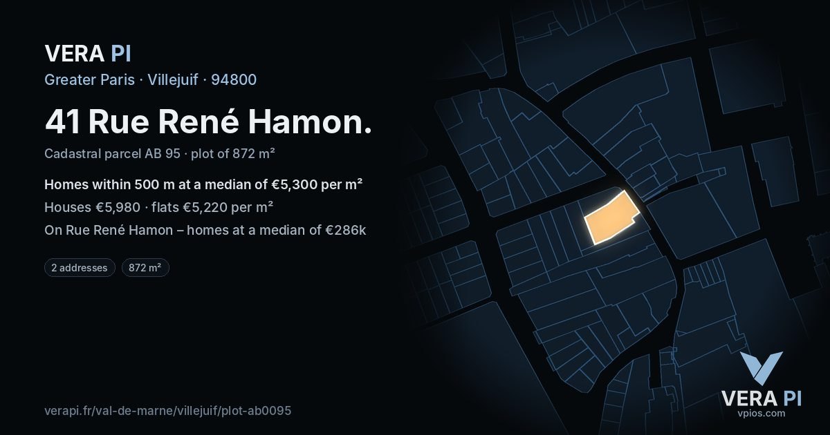 41 Rue René Hamon, Villejuif at night – the plot lit, the parcels around coloured by the prices near them