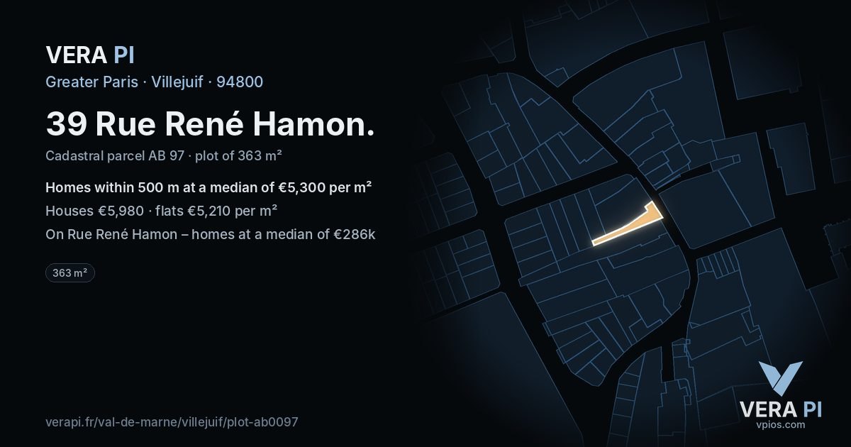 39 Rue René Hamon, Villejuif at night – the plot lit, the parcels around coloured by the prices near them