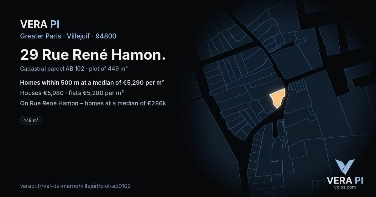 29 Rue René Hamon, Villejuif at night – the plot lit, the parcels around coloured by the prices near them