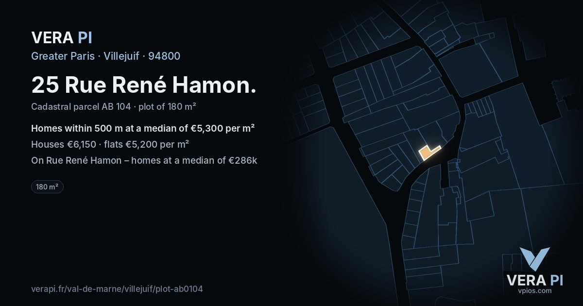 25 Rue René Hamon, Villejuif at night – the plot lit, the parcels around coloured by the prices near them