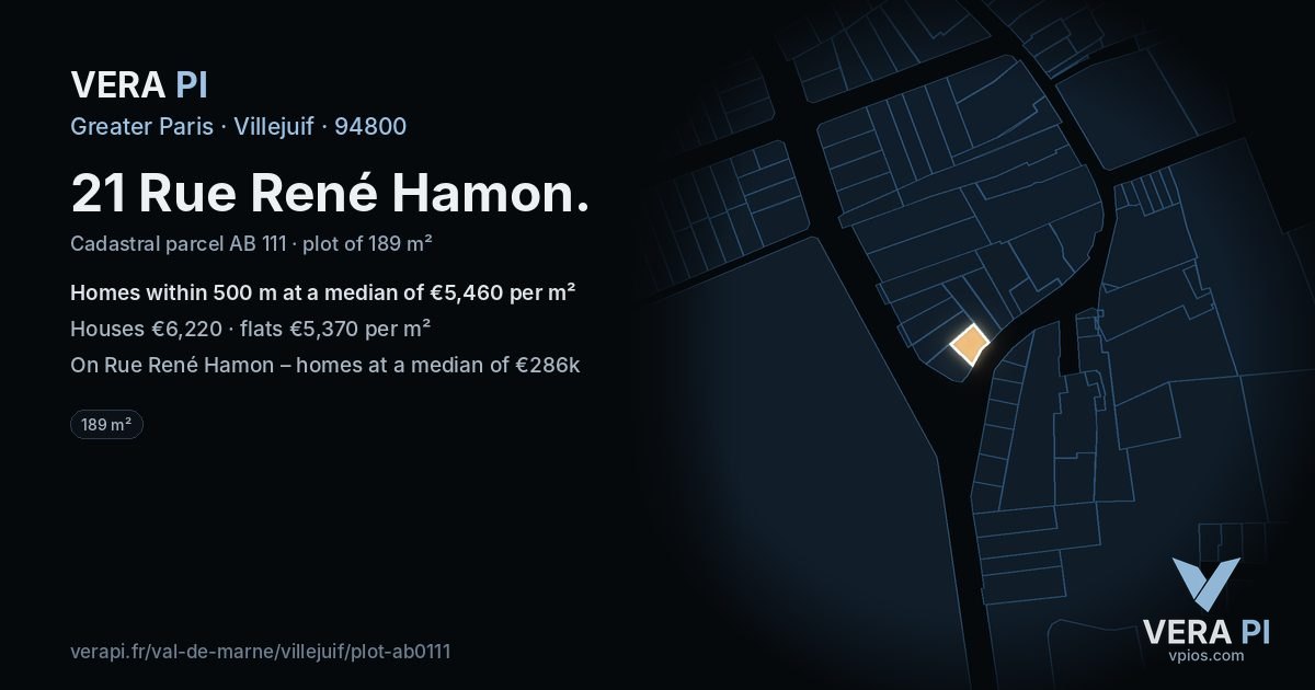 21 Rue René Hamon, Villejuif at night – the plot lit, the parcels around coloured by the prices near them