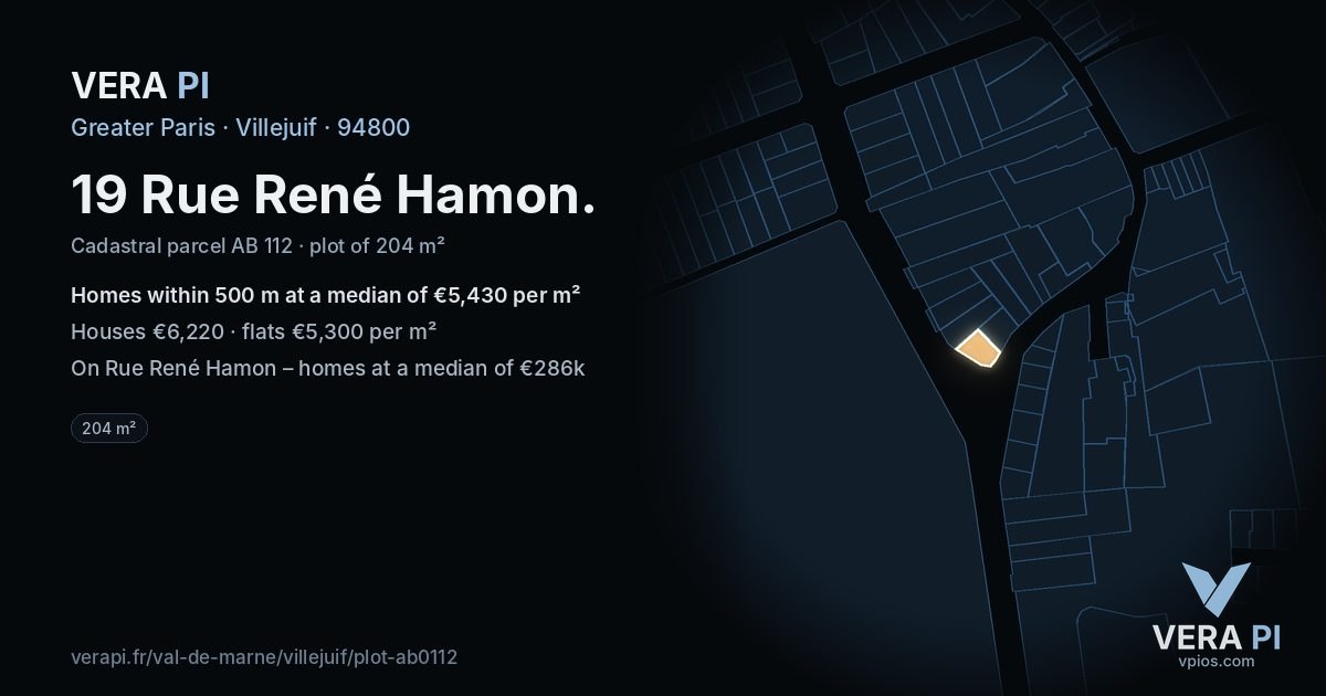 19 Rue René Hamon, Villejuif at night – the plot lit, the parcels around coloured by the prices near them