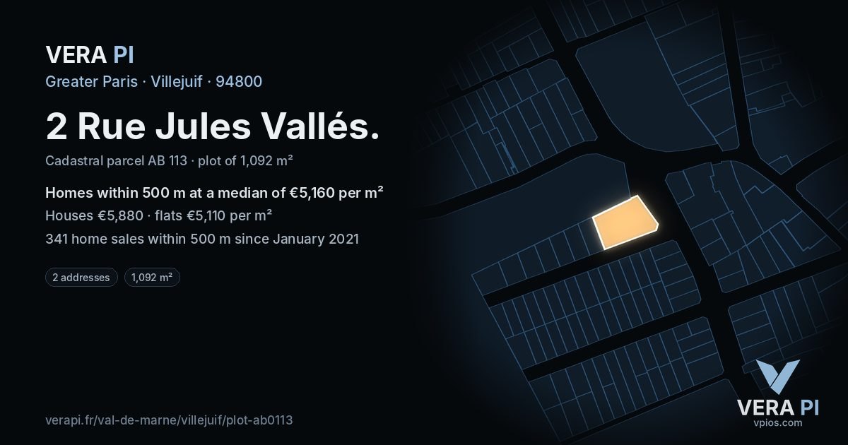 2 Rue Jules Vallés, Villejuif at night – the plot lit, the parcels around coloured by the prices near them