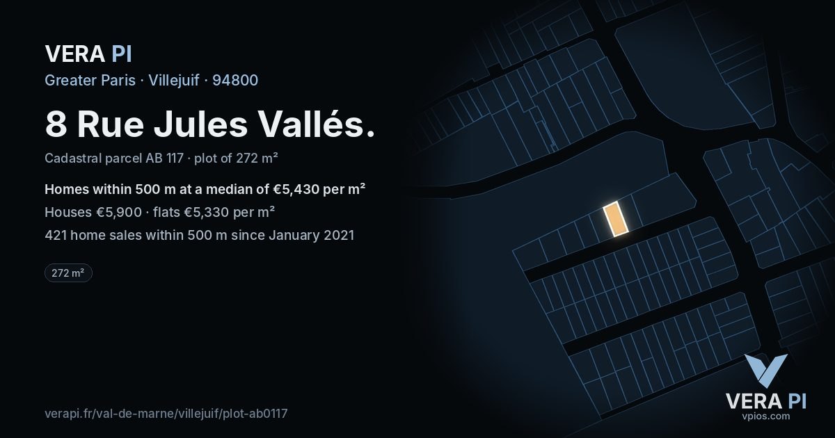 8 Rue Jules Vallés, Villejuif at night – the plot lit, the parcels around coloured by the prices near them