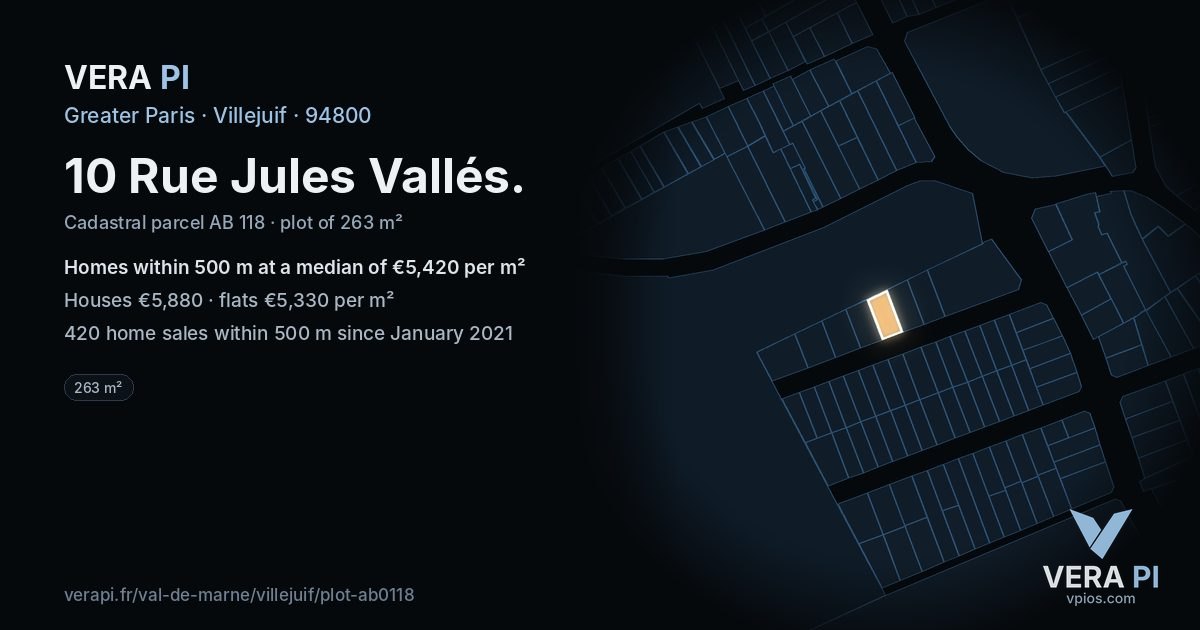 10 Rue Jules Vallés, Villejuif at night – the plot lit, the parcels around coloured by the prices near them