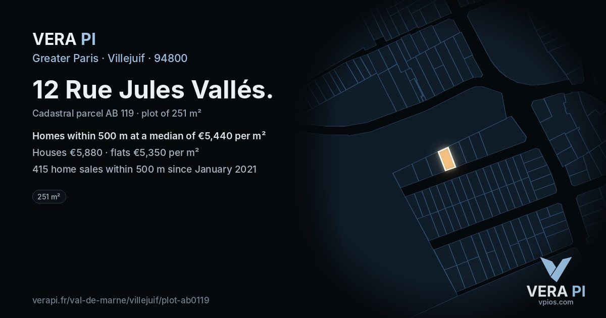 12 Rue Jules Vallés, Villejuif at night – the plot lit, the parcels around coloured by the prices near them