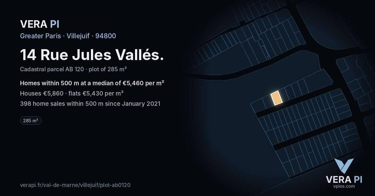 14 Rue Jules Vallés, Villejuif at night – the plot lit, the parcels around coloured by the prices near them