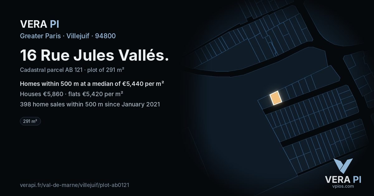 16 Rue Jules Vallés, Villejuif at night – the plot lit, the parcels around coloured by the prices near them