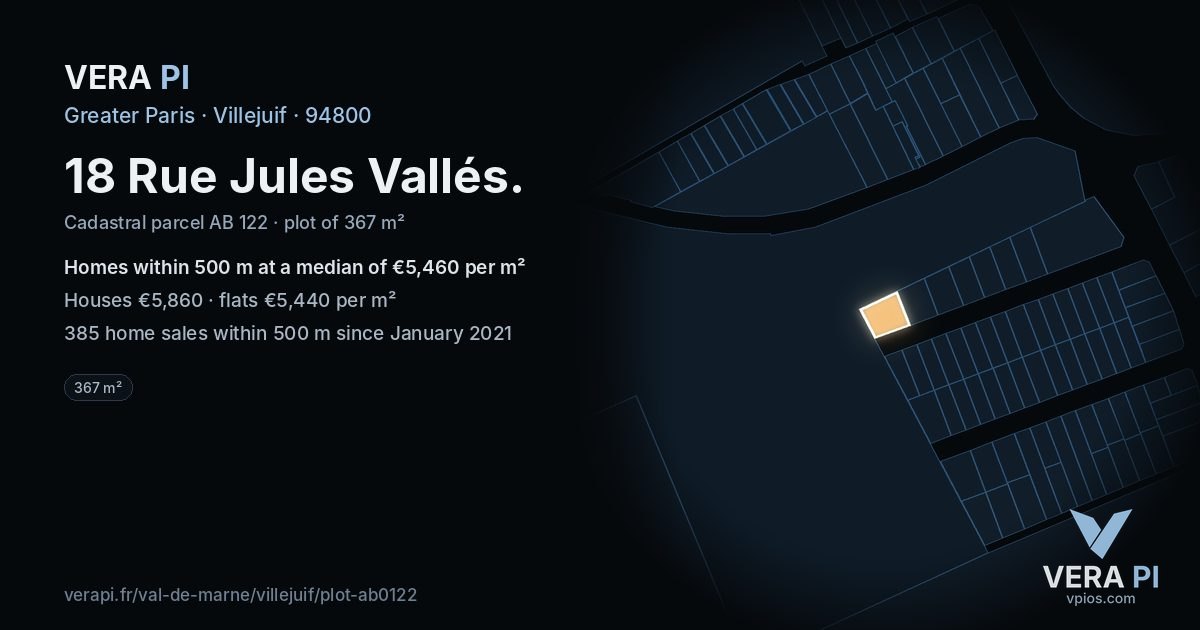 18 Rue Jules Vallés, Villejuif at night – the plot lit, the parcels around coloured by the prices near them