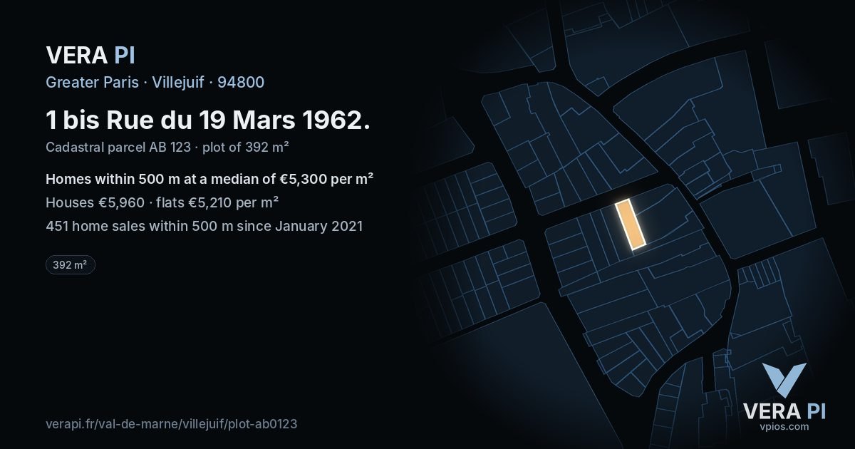1 bis Rue du 19 Mars 1962, Villejuif at night – the plot lit, the parcels around coloured by the prices near them