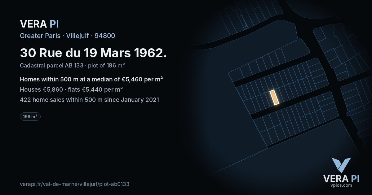 30 Rue du 19 Mars 1962, Villejuif at night – the plot lit, the parcels around coloured by the prices near them