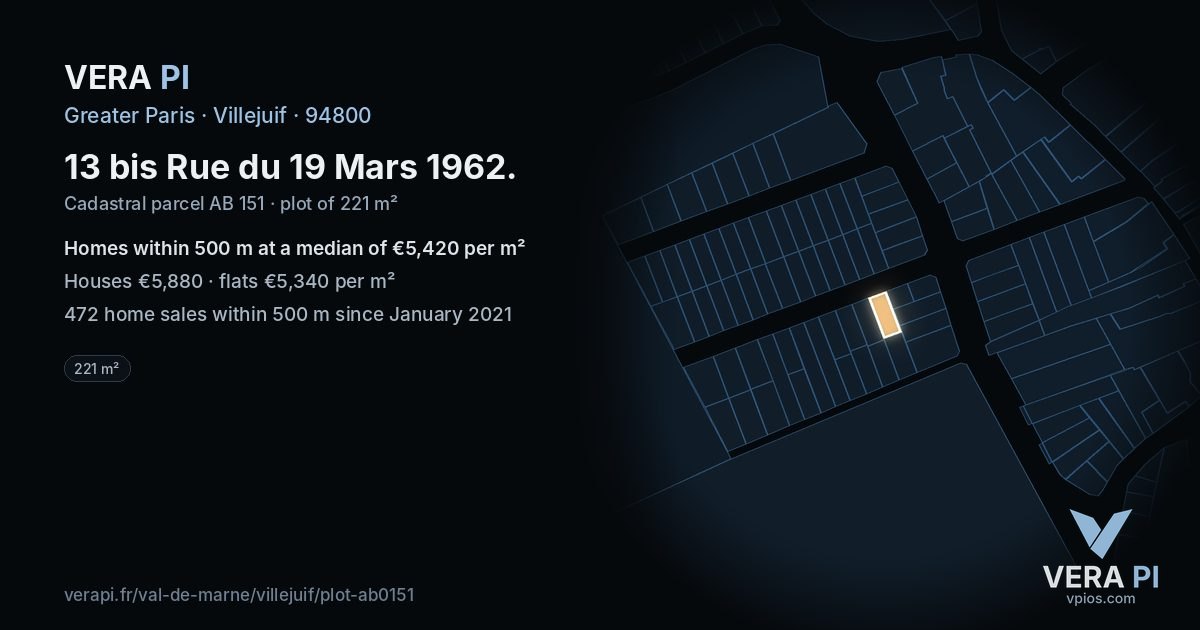 13 bis Rue du 19 Mars 1962, Villejuif at night – the plot lit, the parcels around coloured by the prices near them