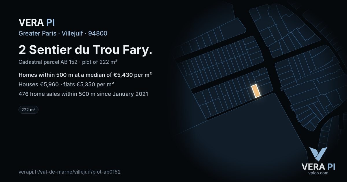 2 Sentier du Trou Fary, Villejuif at night – the plot lit, the parcels around coloured by the prices near them