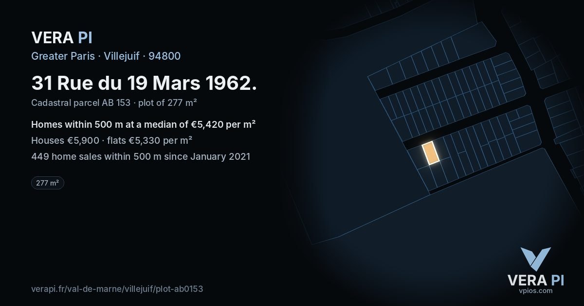 31 Rue du 19 Mars 1962, Villejuif at night – the plot lit, the parcels around coloured by the prices near them
