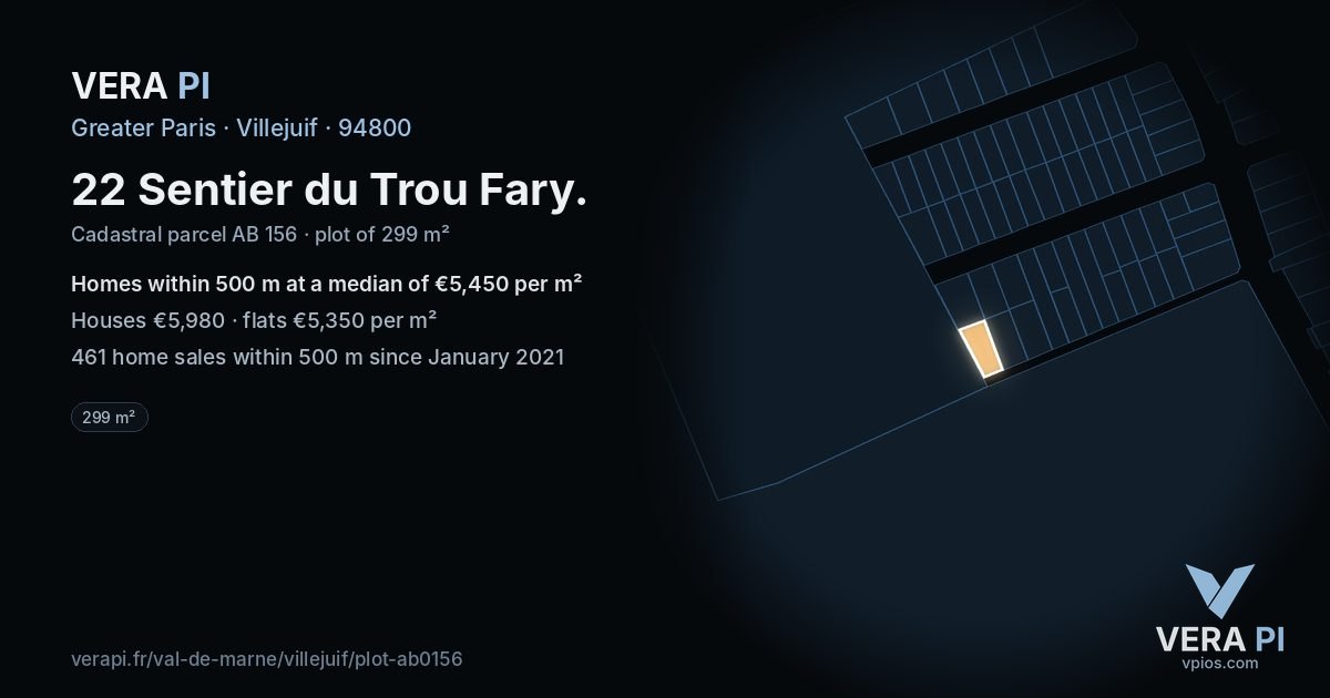 22 Sentier du Trou Fary, Villejuif at night – the plot lit, the parcels around coloured by the prices near them
