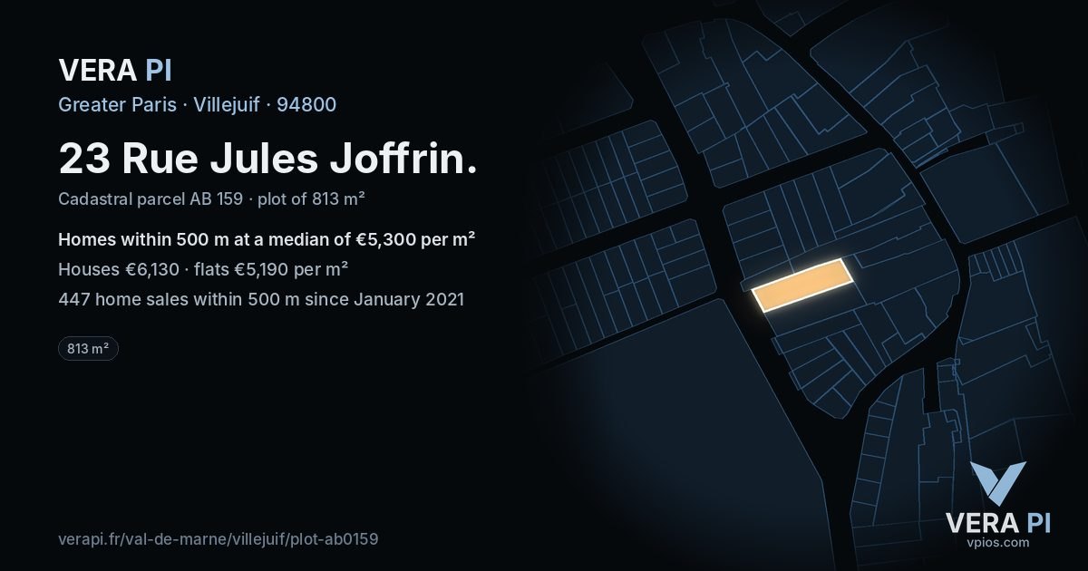 23 Rue Jules Joffrin, Villejuif at night – the plot lit, the parcels around coloured by the prices near them
