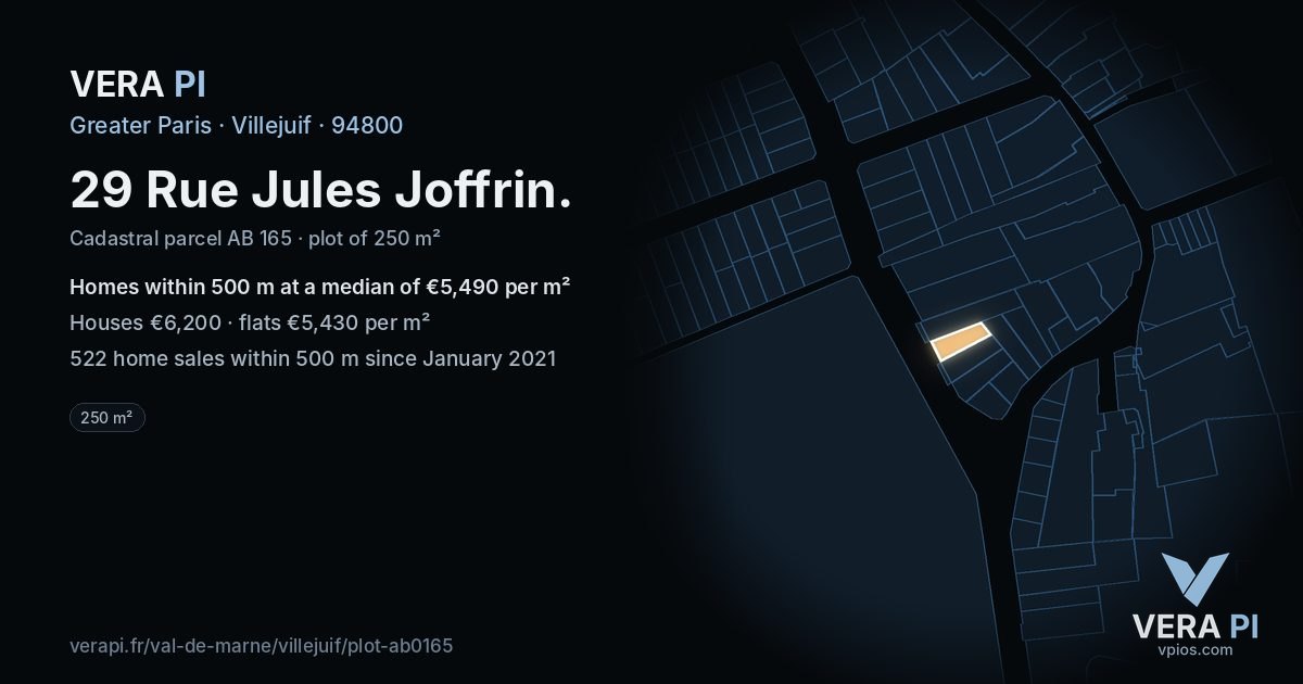 29 Rue Jules Joffrin, Villejuif at night – the plot lit, the parcels around coloured by the prices near them