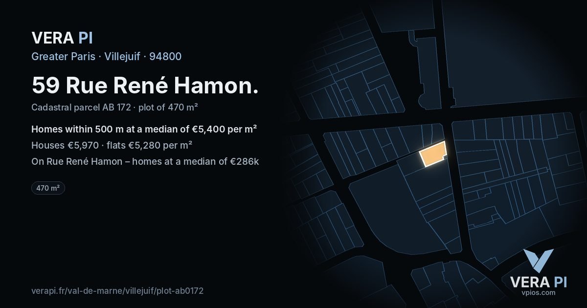 59 Rue René Hamon, Villejuif at night – the plot lit, the parcels around coloured by the prices near them