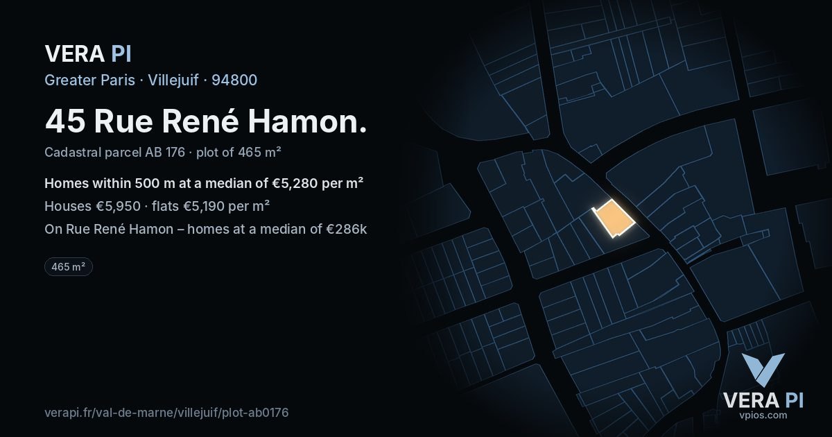 45 Rue René Hamon, Villejuif at night – the plot lit, the parcels around coloured by the prices near them