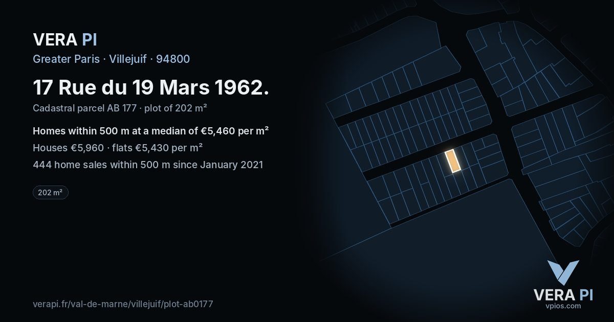 17 Rue du 19 Mars 1962, Villejuif at night – the plot lit, the parcels around coloured by the prices near them