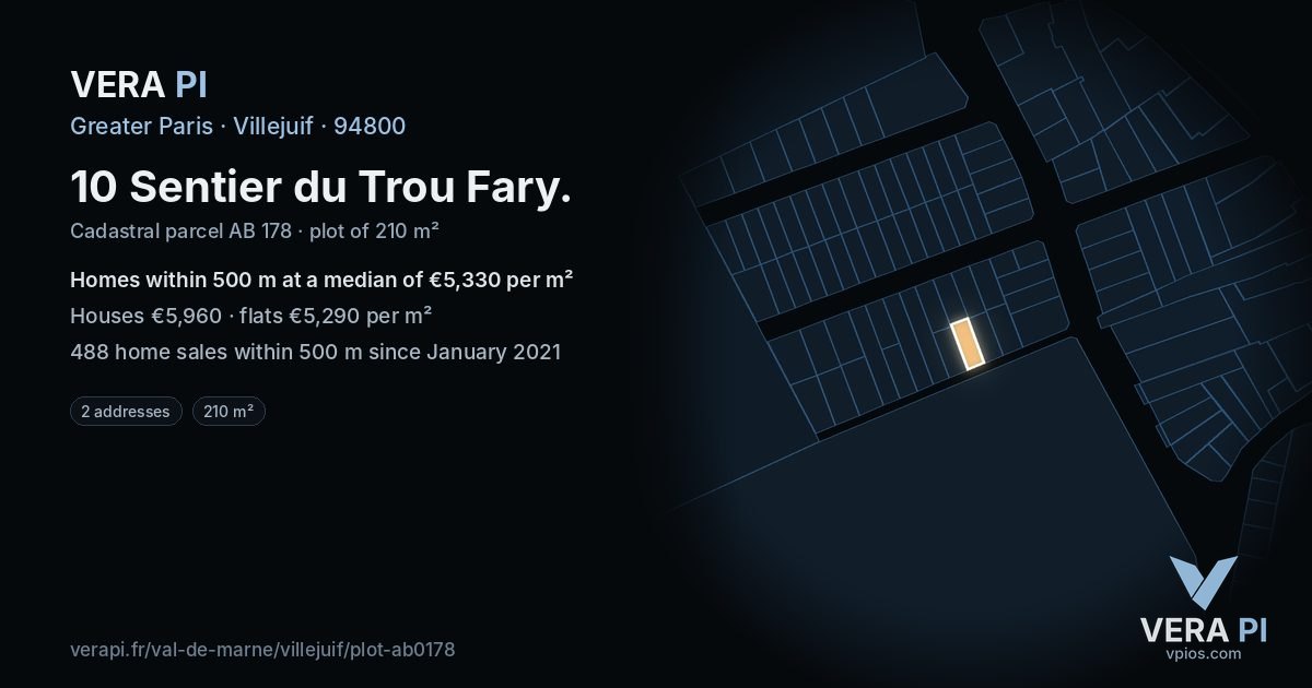 10 Sentier du Trou Fary, Villejuif at night – the plot lit, the parcels around coloured by the prices near them