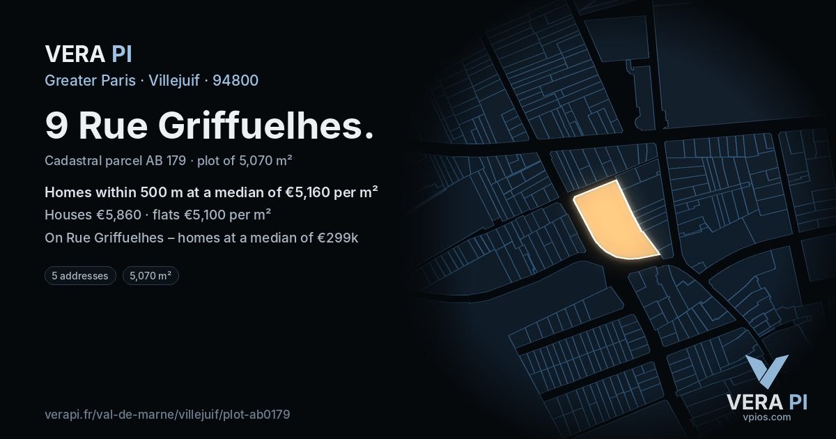 9 Rue Griffuelhes, Villejuif at night – the plot lit, the parcels around coloured by the prices near them