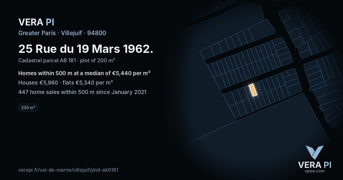 25 Rue du 19 Mars 1962, Villejuif at night – the plot lit, the parcels around coloured by the prices near them